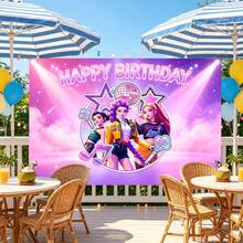 KPop Demon Hunters Kpop Theme Birthday Backdrop Banner, K-Pop DemonHunters Character Banner, Neon Glowing Disco Ball & Music Note Design, With HAPPY BIRTHDAY Text, Suitable For Photo Booth Party Decoration - Multicolor - View 2