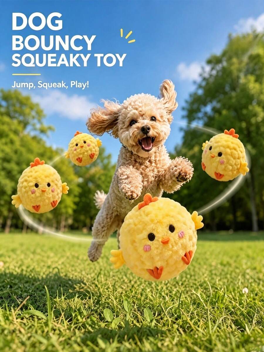 2/1pc Yellow Chick Pet Interactive Bouncing Squeaky Toy Ball, Cat And Dog Play Entertainment Toy, Teeth Cleaning Chewing Squeaky Ball, Can Make Sound To Attract Dogs, Durable Material, Slow Rebound Pet Companion Toy, Battery-Free Training Ball