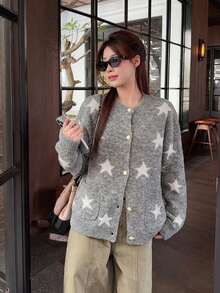 Grey Star Pattern Lapel Collar Sweater Cardigan Women's New Winter Thickened Loose Casual Knit Top - Grey - View 7