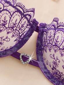 2件組女款刺繡內衣套裝，半透心形胸罩與蝴蝶結內褲，性感睡衣，女款秋季服飾 - 紫色 - 查看 3