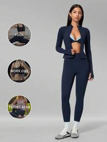 MFVIM Women's Seamless Triangle Cup Wireless Bra + Leggings + Jacket 3-Piece Fitness Set - dark blue - View 6