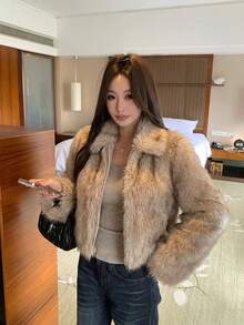 Winter Soft & Cozy Faux Fur Lapel Coat - Camel - View 10