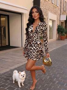 Fashion Women's Deep V-Neck Printed Dress, Long Sleeve Ruffle Hem, Medium Stretch Knit Fabric, Elegant Autumn Style - Leopard Brown - View 6