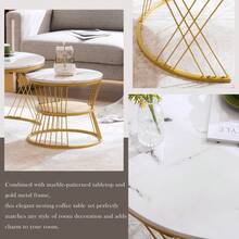 WF319028AAA) طاولة قهوة متداخلة حديثة، مجموعة طاولة قهوة لامعة، طاولة جانبية من الرخام المصقول، مجموعة من 2 طاولة نهاية مستديرة، إطار باللون الذهبي - أبيض - مشاهدة 6