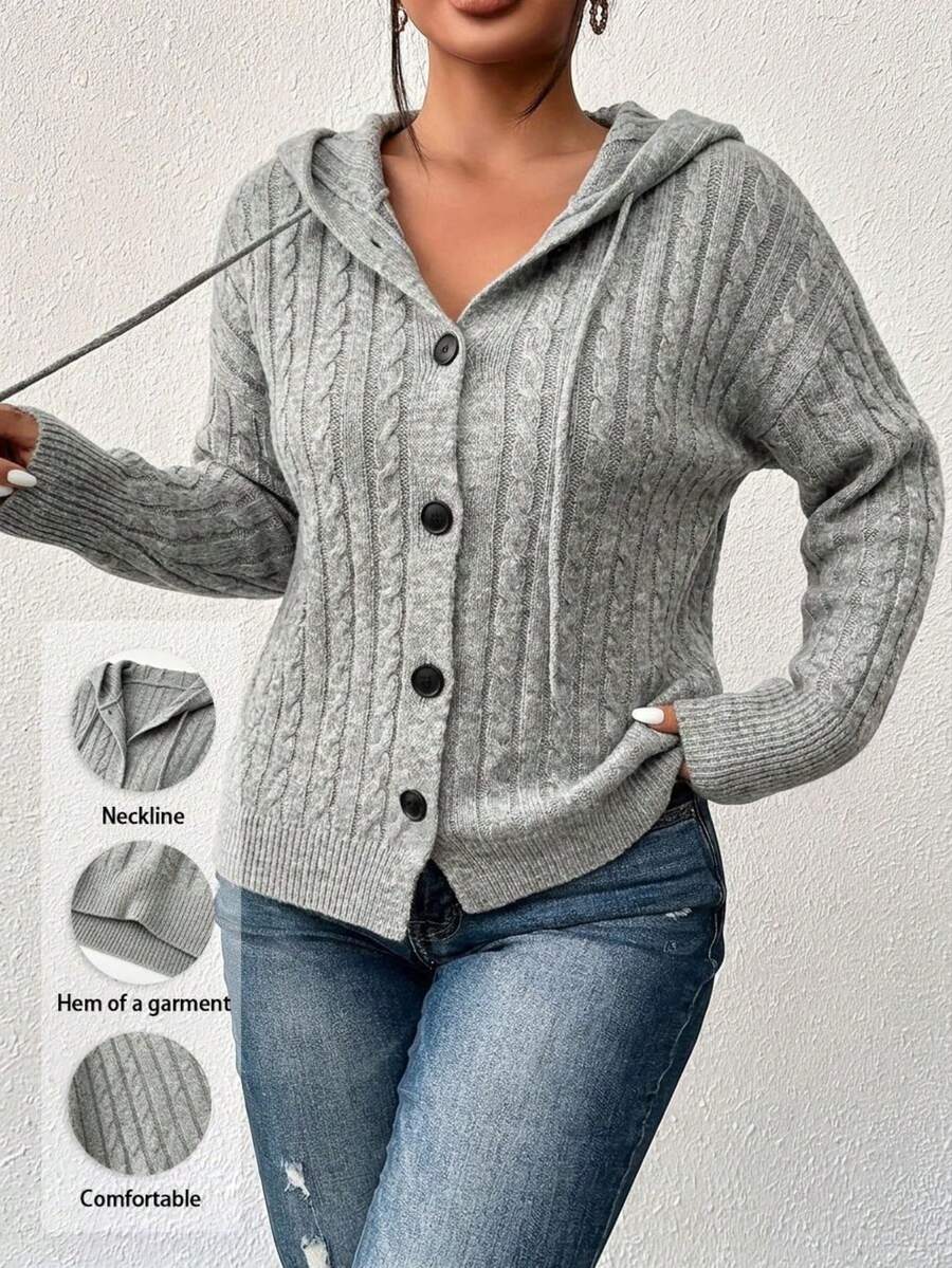 Plus Size Women's Solid Color Cable Knit Hooded Cardigan, Button & Drawstring Casual Long Sleeve Jacket, Autumn/Winter Fall
