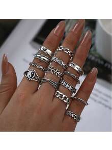 14pcs/Set Personalized Vintage Yin Yang Tai Chi Elephant Geometric Feather Leaf Rings - Tai Chi Elephant Geometric Feather Leaf Ring 14-piece Set - View 1