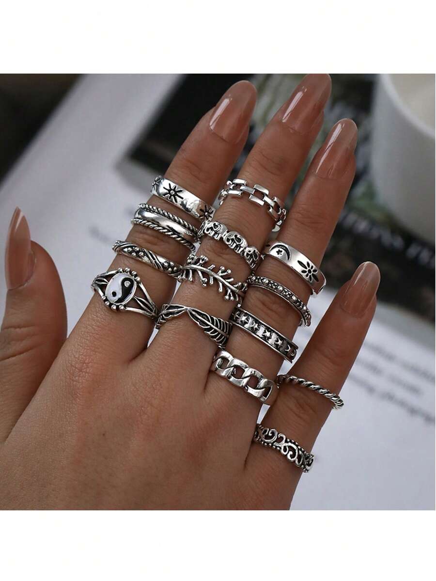14pcs/Set Personalized Vintage Yin Yang Tai Chi Elephant Geometric Feather Leaf Rings - Tai Chi Elephant Geometric Feather Leaf Ring 14-piece Set - View 1