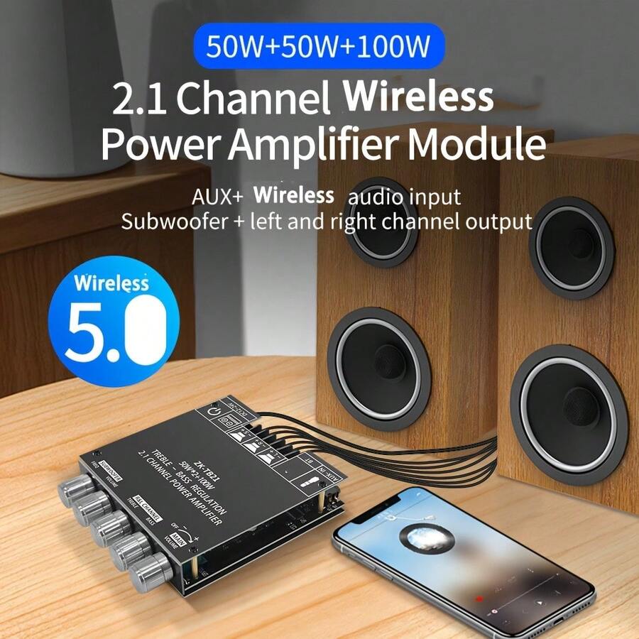 2.1 Channel Subwoofer Amplifier Board, HiFi Subwoofer Power Amplifier, Supports Bass And Treble Adjustment, 50W+50W+100W Stereo Digital Audio Module, Suitable For Home Theater DIY Speakers, DC Power Supply, Max Voltage 36V, Battery Not Included