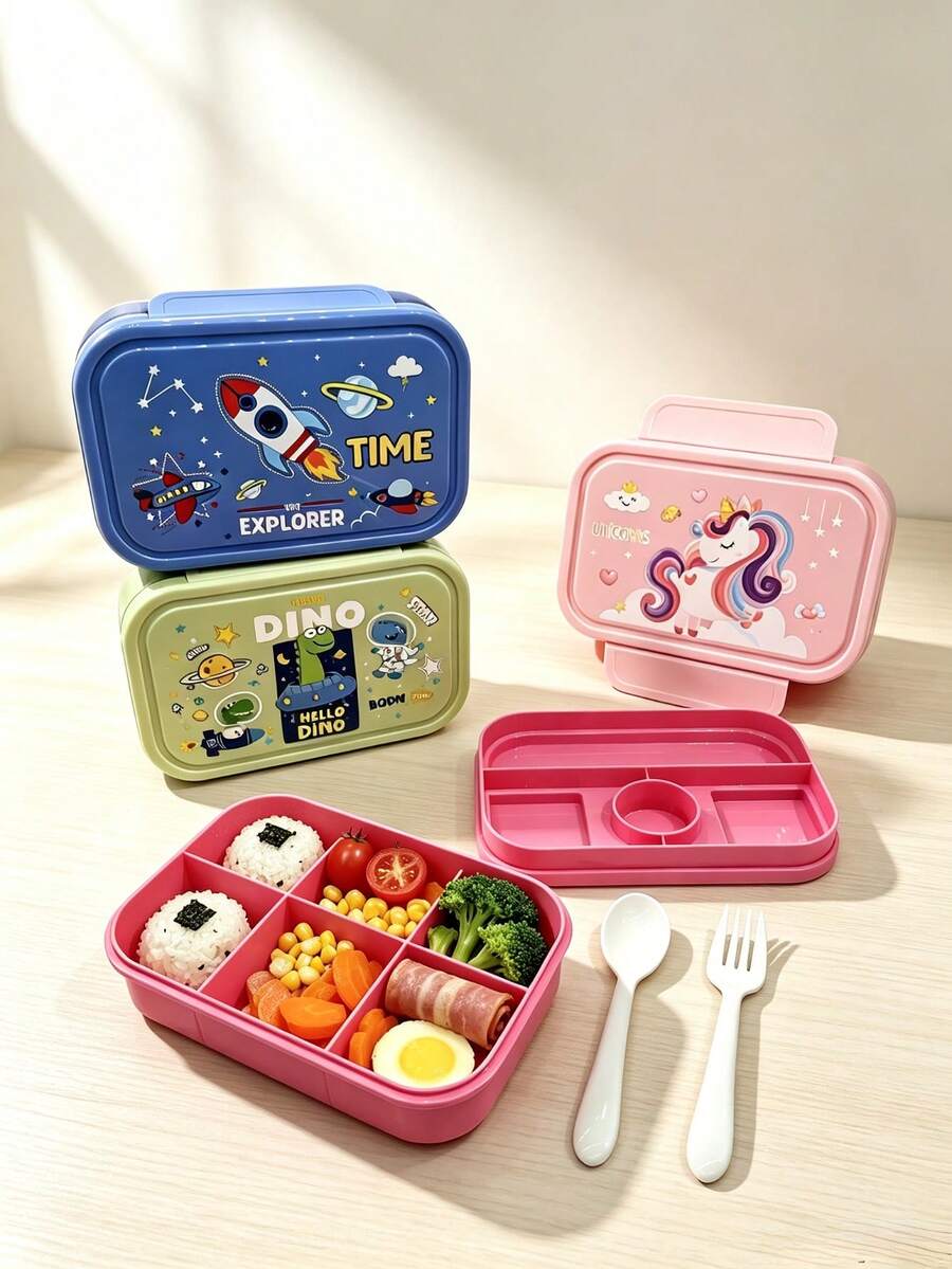 1pc Double-Layer Cartoon Lunch Box / School Lunch Box / Children's Lunch Box / Multi-Compartment Design / Easy To Clean / Includes Utensil Storage Compartment And Fork & Spoon / Convenient To Carry / Separate Sauce Compartment / Material: PP / Back To School Essential / Travel Essential - Multicolor - View 1
