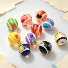 60pcs 10mm Colorful Geometric Striped Resin Round Beads, Contrast Mosaic Straight Hole Loose Beads, DIY Phone Chain Handmade Beaded Jewelry Accessories - Multicolor - View 4