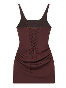Mini Dress, Summer Backless Pleated Casual Bandage Slip Dress, Party Wear - Brown - View 5