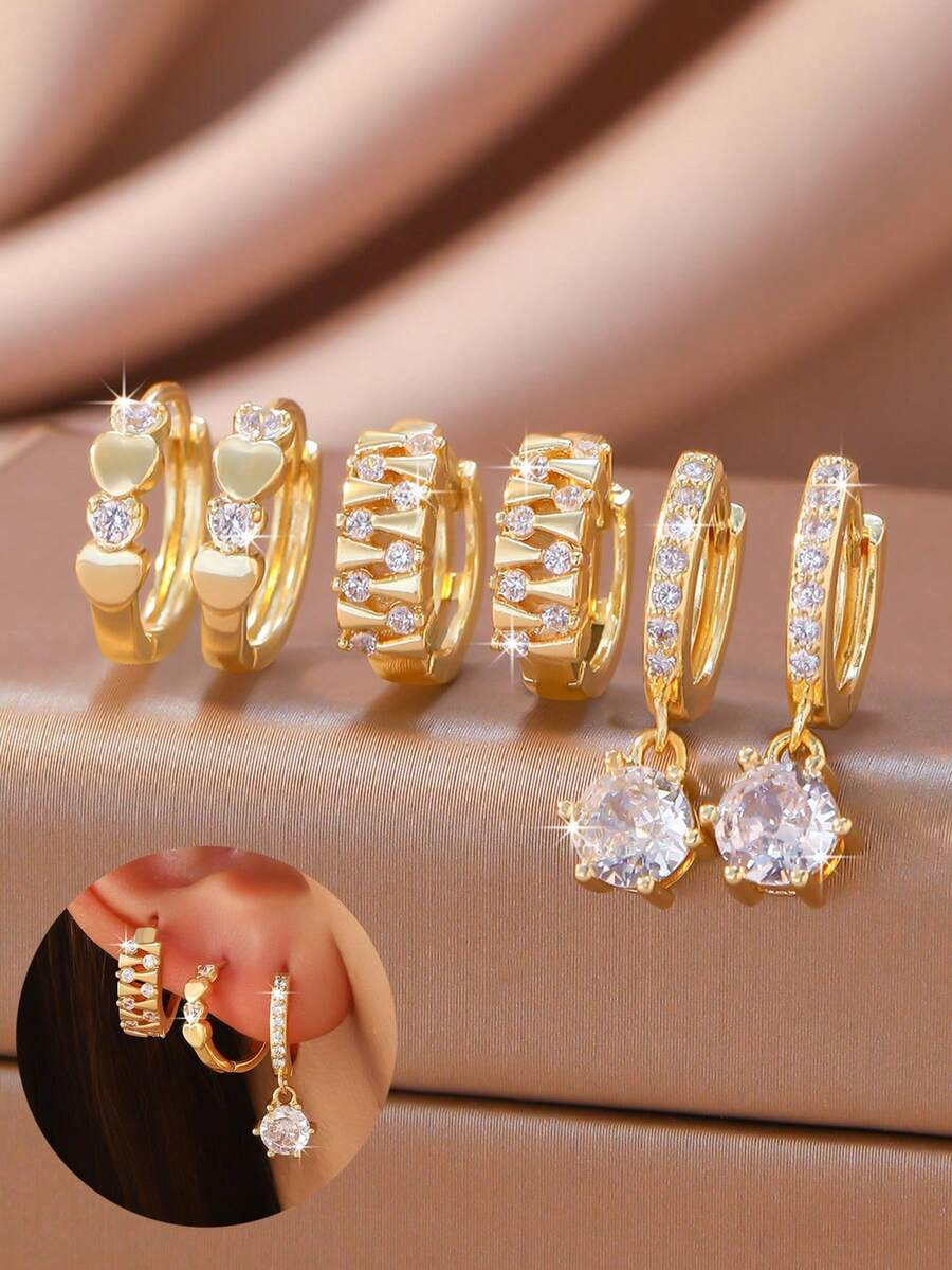 6pcs Elegant Fashion Directional & Round Geometric Cubic Zirconia Inlaid Round Zirconia Pendant Earring Set, Fashion Jewelry, Women's Gift - Gold - View 1
