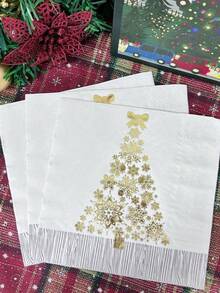 20pcs Gold Foil Christmas Tree Napkins – White Background Featuring Gold And Silver Foil Christmas Tree Patterns And Elegant Snowflake Designs, Accented With Gold Bows; Suitable For Christmas Celebrations. - Multicolor - View 12