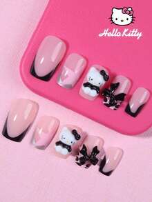 Sanrio Hello Kitty 24片短方型3D凝膠法式美甲貼片，含3D Hello Kitty、蝴蝶結與星星設計，完美貼合壓克力假指甲套組，附1片果凍膠與1片指甲锉，適合女性與女孩日常佩戴、電音派對使用 - 彩色 - 查看 2