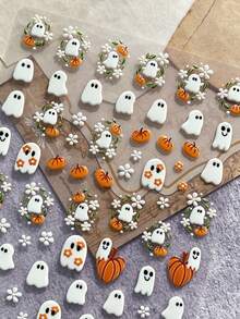 5D Halloween Embossed Cute Ghost Pumpkin Nail Art Stickers, White Ghost Flower 3D Self-Adhesive Nail Decals, DIY Nail Decoration - Multicolor - View 5