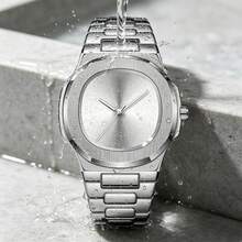 1pc Ultra-Thin Octagonal Full Silver Steel Band Wristwatch, Sunburst Dial Minimalist Unisex Business Quartz Watch - Black - View 9
