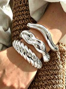 3/1 pieza Conjunto de pulseras casuales asimétricas minimalistas vintage para mujer, adecuado para uso diario, vacaciones, citas, fiestas, capas - Plateado - Ver 2