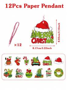 12pcs Fun Vintage Christmas Paper Hanging Ornaments With String, Christmas Tree Truck Wreath Candy Cane, Christmas Photo Frame Decor, Classroom Christmas Supplies, Merry Christmas Home Decor, Christmas Decorations, Merry Christmas, Baby Christmas Birthday Party, Baby Shower - Multicolor - View 13