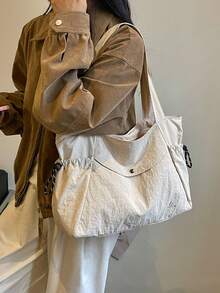 Solid Color Large Capacity Nylon Fabric Shoulder Tote Shopping Bag, Multi-Pocket Design, Mother's Day Gift For Mom, Commute Travel Minimalist Fashion Versatile - Beige - View 6