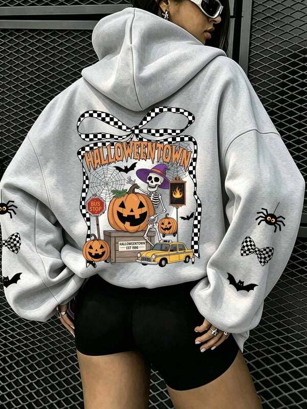 Plus Size Autumn/Winter Casual Sweatshirt, Plaid Halloween Town Thin Long Sleeve Hooded Drawstring Sportswear With Pockets, Comfortable Women's Autumn/Winter Daily Wear Clothing, Suitable For Daily Outings, Parties, School, Music Festivals, Vacations And Commuting. Can Be Given As A Gift To Family, Boyfriend, Girlfriend, Friends, Ideal Autumn/Winter Outfit For Girls