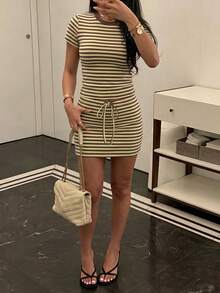Unadoll Women's Autumn Yellow & Brown Striped 2 Pieces Set, Round Neck Short Sleeve Cropped Top With Drawstring Mini Skirt Elegant Summer - Yellow-brown Stripes - View 1