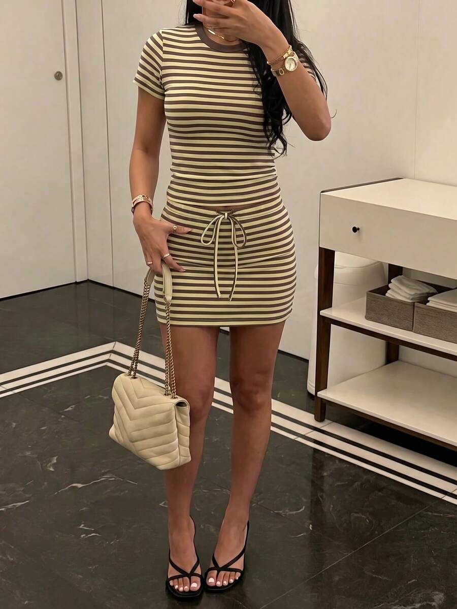 Unadoll Women's Autumn Yellow & Brown Striped 2 Pieces Set, Round Neck Short Sleeve Cropped Top With Drawstring Mini Skirt Elegant Summer - Yellow-brown Stripes - View 1