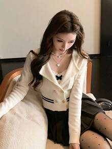 秋冬新款韓式休閒針織開襟衫，甜美學院風雙排扣翻領前開式，對比色修身短版上衣 - 杏色 - 查看 5