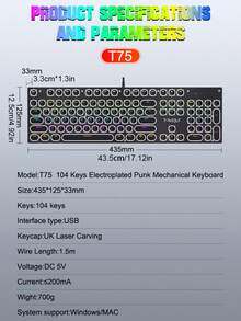 T-WOLF Keyboard Mekanik Blue Switch Gaming RGB Backlit Punk Round Keycaps Metal Panel 104 Tombol - View 11