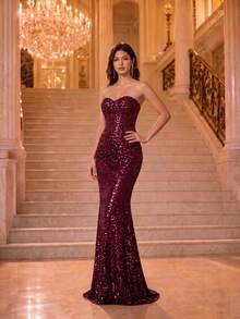 Autumn/Winter Elegant Luxury Full Sequin Mermaid Long Evening Dress, Waist-Cinching Boning Pleated Elastic Fabric, Strapless Heart-Shaped Neckline, Suitable For Parties, Balls And Nightclubs - Burgundy - View 5