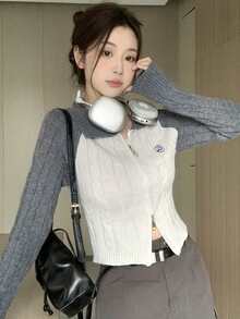 Cardigan Lengan Panjang Wanita Motif Blok Warna dengan Resleting, Kasual, Serbaguna, untuk Perjalanan Sehari-hari, Musim Gugur - Light Grey - View 1