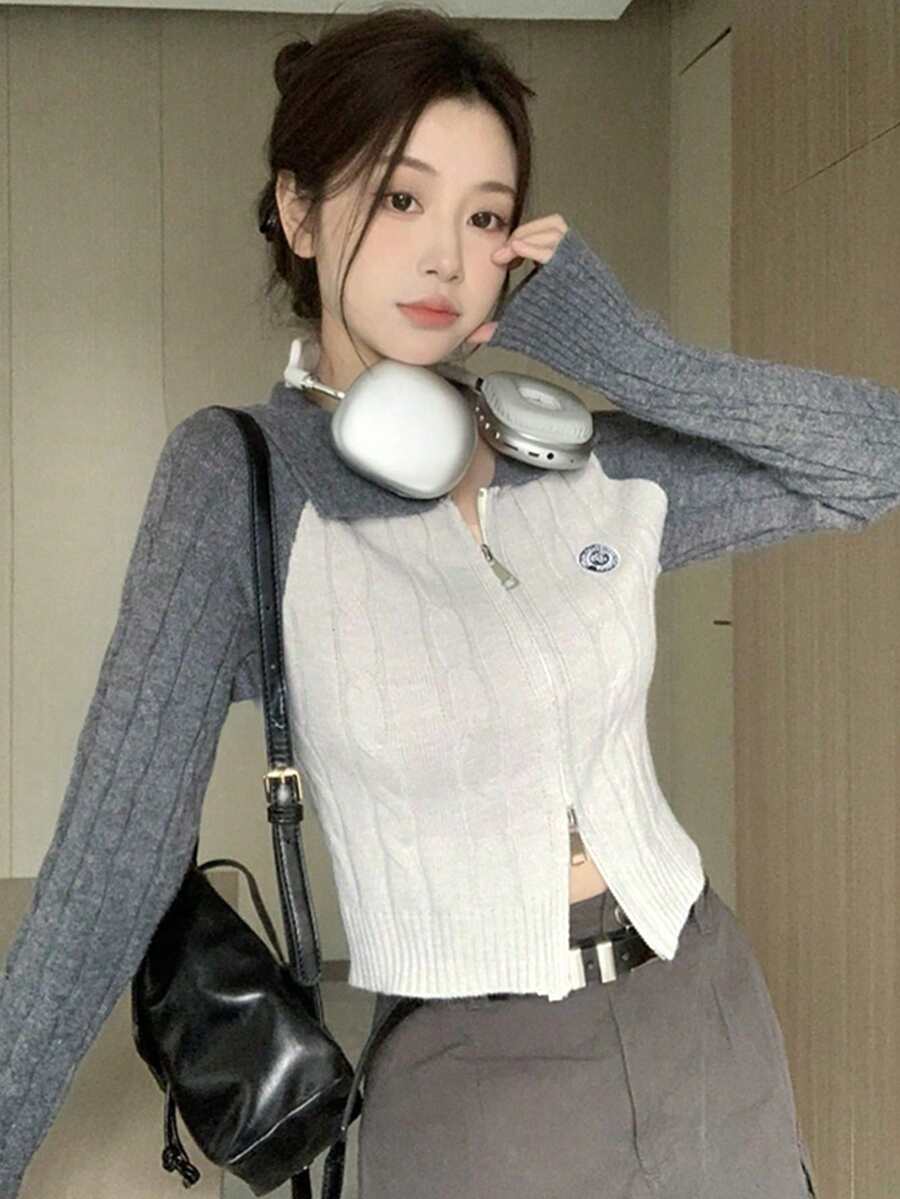 Cardigan Lengan Panjang Wanita Motif Blok Warna dengan Resleting, Kasual, Serbaguna, untuk Perjalanan Sehari-hari, Musim Gugur - Light Grey - View 1