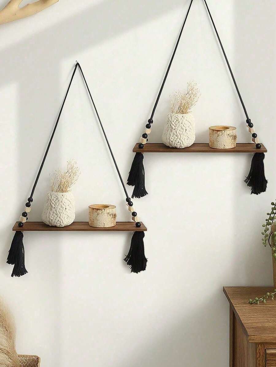 1pc/2pcs Bohemian Style Tassel Wall Hanging Shelf, Beaded Country Style Floating Storage Rack, Bedroom Living Room Decorative Plant Holder, Indoor Home Fashion Storage Rack, Suitable For Bathroom Kitchen Bedroom Or Living Room Wall