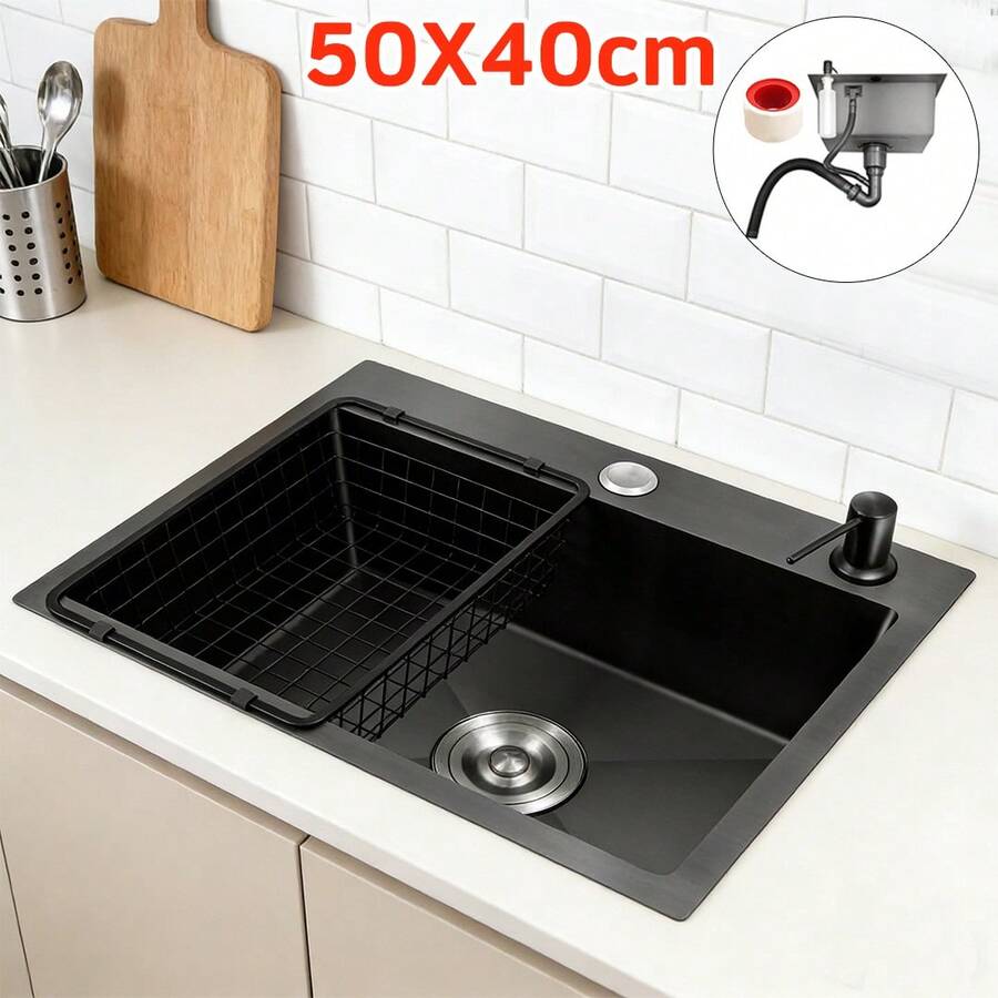 50*40cm Black Built-In Kitchen Sink, Stainless Steel Single Sink, Kitchen Sink With Drain Accessories Handmade Modern Sink - 50*40cm - View 1