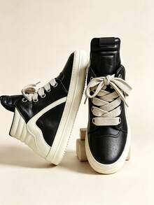 Men's High-Top Platform Sneakers Chunky Skate Shoes Retro Casual Walking Trainers With Easy-Clean Leather, Unisex Couple Style, Back To School Streetwear Essential - 黑色 - 查看 2