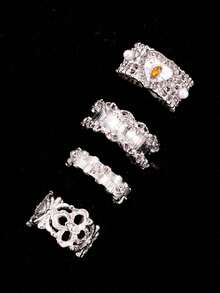 4pcs Vintage Fashion Unique Elegant Design Heart & Four-Leaf Clover Rings, Women's Daily, Holiday, Party, Wedding, Vacation Jewelry - Multicolor - View 3