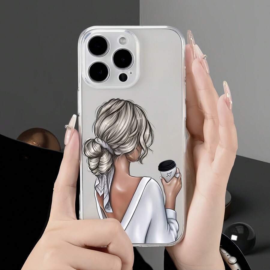 1pc Transparent Coffee Girl Back View Pattern Phone Case Personalized Compatible With IPhone 16 Pro Max/17/16/15/14 Plus/13/12/11/Air And Series - Multicolor - View 1