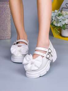 Autumn/Winter New Girls' White Mary Jane Shoes, Bow & Pearl Decor, Simple Sweet Versatile Children's Princess Shoes - White - View 3