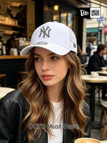 New Era Adjustable NY Logo Baseball Cap, White With Pattern Embroidery, Street Fashion Unisex Headwear - White - View 1