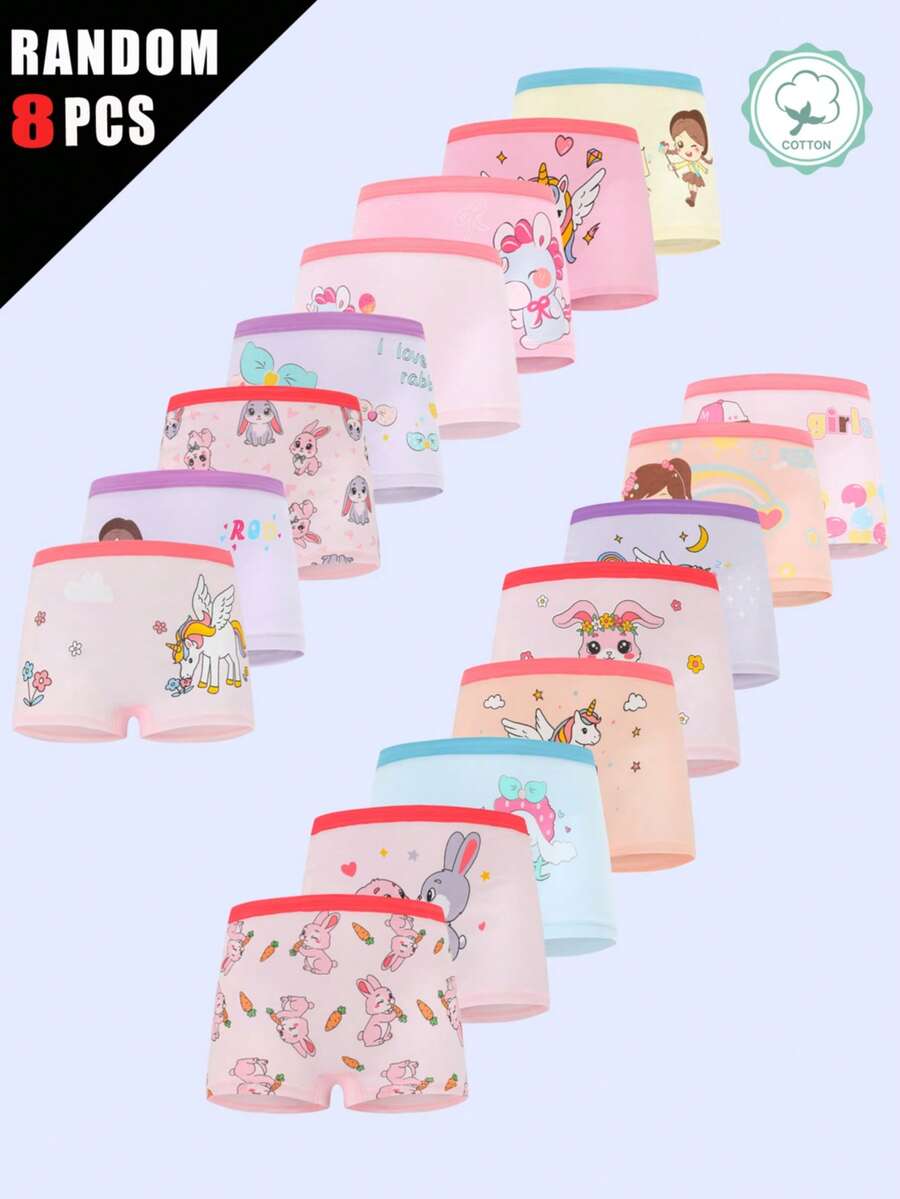 Random 8Pcs Girls' Cute Cartoon Animal Pattern Soft Comfortable Breathable Cotton Briefs - Multicolor - View 1
