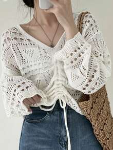 Hollow Out V-Neck Drawstring Cropped Long Knit Cover Up For Women, Random Patchwork White - White - View 4