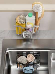 1‑Pack No Drill Kitchen Sink Storage Holder, Rust‑Proof Stainless Steel Sponge Brush Organiser, Multi‑Purpose Wall Hanging Rack For Cleaning Supplies, Household Kitchen Gadget - Multicolor - View 2
