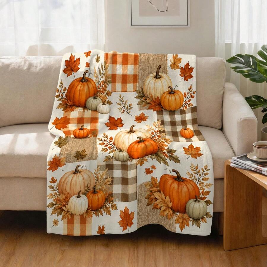 1pc Autumn Pumpkin Throw Blanket, Autumn Pumpkin Buffalo Plaid Maple Leaf Pattern Flannel Single-Sided Printed Blanket, Perfect For Holidays, Birthdays, Sofa And Home Decor - Multicolor - View 1