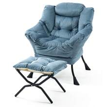 Lazy Chair, Comfy Chairs With Foldable Footstool And A Side Pocket, Simple Style Small Chairs For Bedroom Living Room Balcony - 藍色 - 查看 6