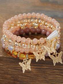 4pcs/Set Bohemian Style Multi-Layer Time Gem Butterfly Pendant Asymmetrical Beaded Bracelet Set, Suitable For Daily Wear, Gift - Time Gem Butterfly Bracelet - View 10