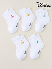 5 Pairs Girls Disney Princess Aurora, Belle, Cinderella, Snow White, Jasmine Printed Ruffle Short Socks, Soft Breathable High Elastic Comfortable, Suitable For Daily Home And School Wear - Multicolor - View 12