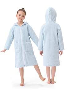 SHENG CHUN 1pc Children's Zippered Absorbent Bathrobe, Easy To Put On And Take Off, Suitable For All Seasons, Warm, Coral Fleece Bathrobe, Suitable For Multiple Ages, Children's Hooded Bathrobe, Absorbent, With Pockets, Ultra-Fine Microfiber Coral Fleece, Essential For Home, Beach, Swimming, Bathing, Hot Springs, Bathroom - Blue Triangle Stripe - View 11