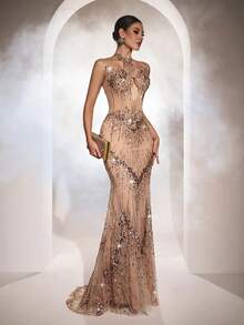 New Women's Halter Neck Sequin Embellished Bodycon Evening Gown - Apricot - View 8