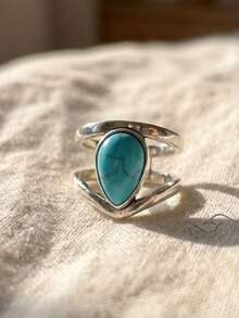 Boho Vintage Artificial Turquoise Inlaid Wrap Rings Suitable For Both Men And Women Daily Vacation Gift From A Best Friend - Silver - View 1