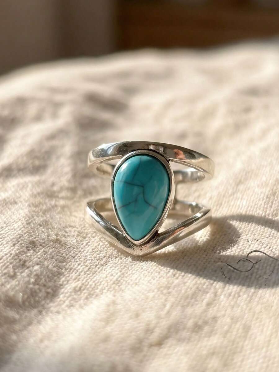 Boho Vintage Artificial Turquoise Inlaid Wrap Rings Suitable For Both Men And Women Daily Vacation Gift From A Best Friend - Silver - View 1