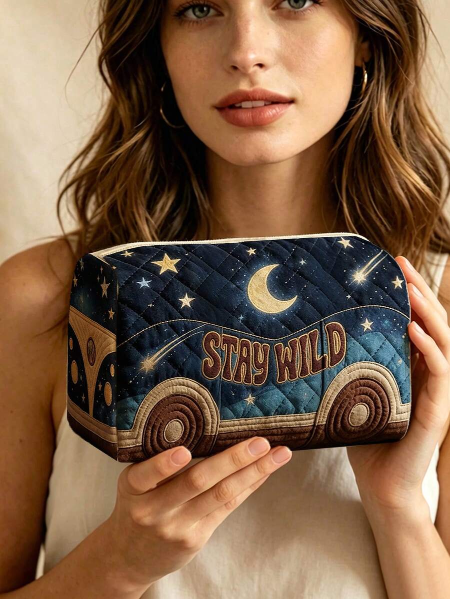 新款 2D「STAY WILD」星空巴士圖案絎縫化妝包,輕量便攜可堆疊收納,透氣網布材質搭配可水洗內裡,適合收納化妝刷、口紅、保養瓶、珠寶等小物,滿足日常整理、過夜旅行、度假與健身房收納需求,旅行愛好者的理想選擇,幫您整齊便捷地整理小物品 - 彩色 - 查看 1